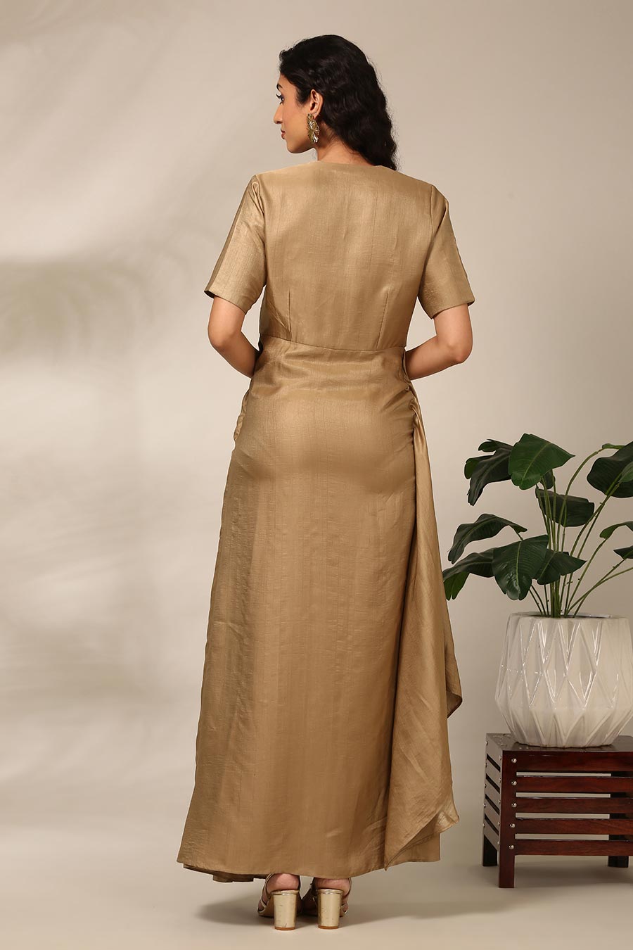 Beige Embellished Draped Dress