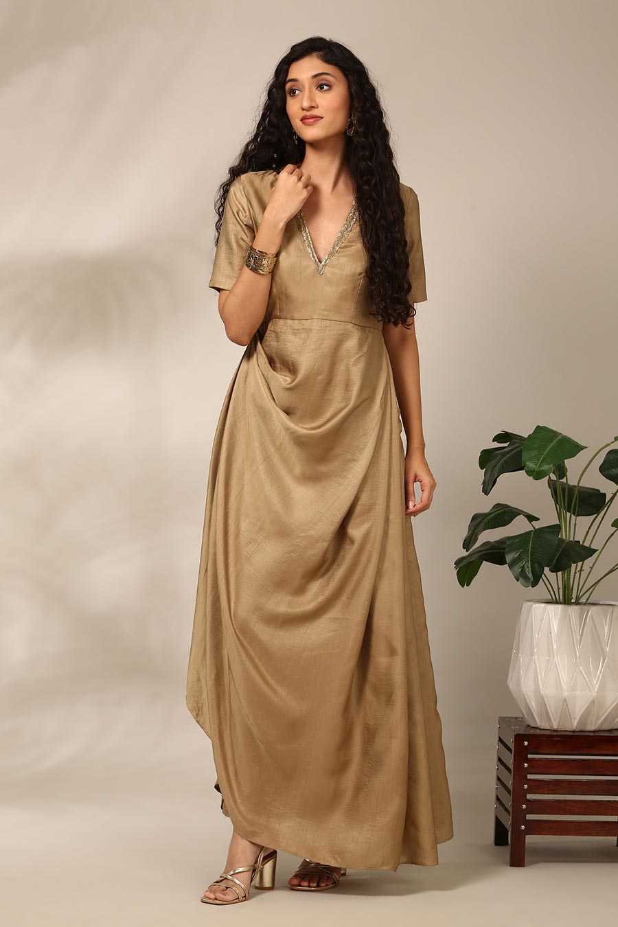 Beige Embellished Draped Dress