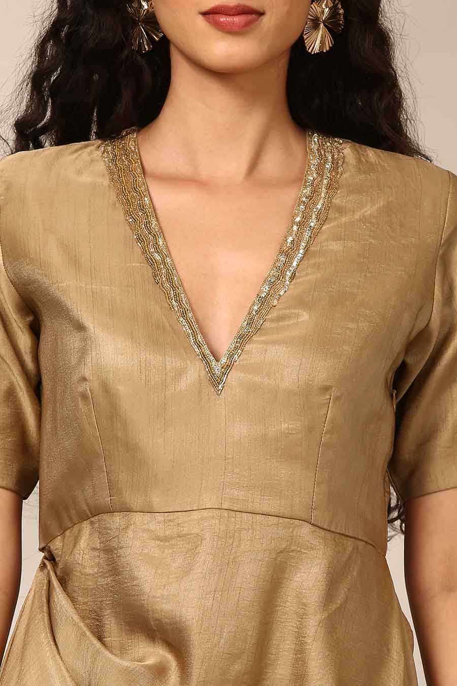 Beige Embellished Draped Dress