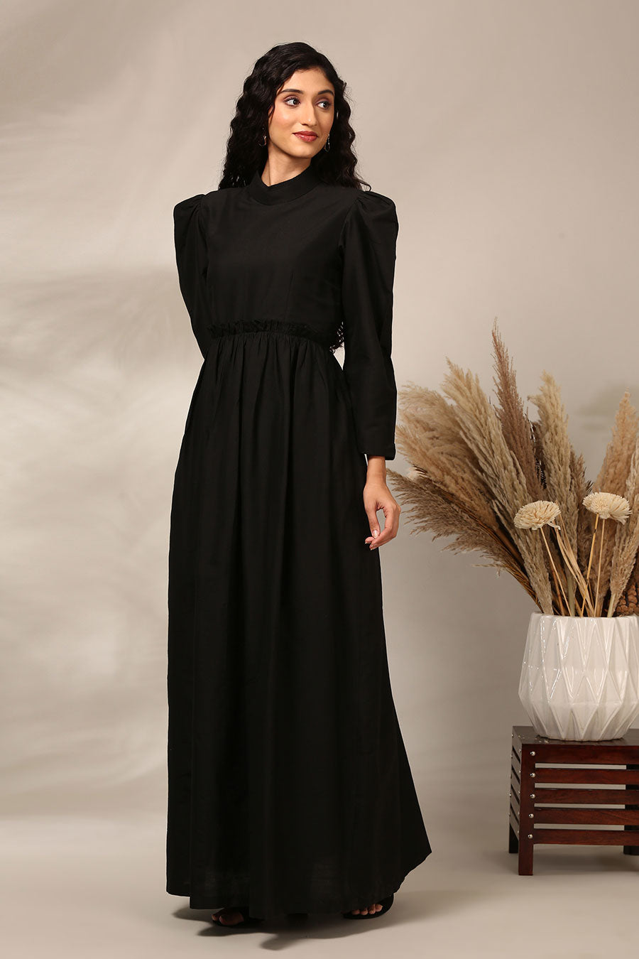 Black Gathered Gown Dress