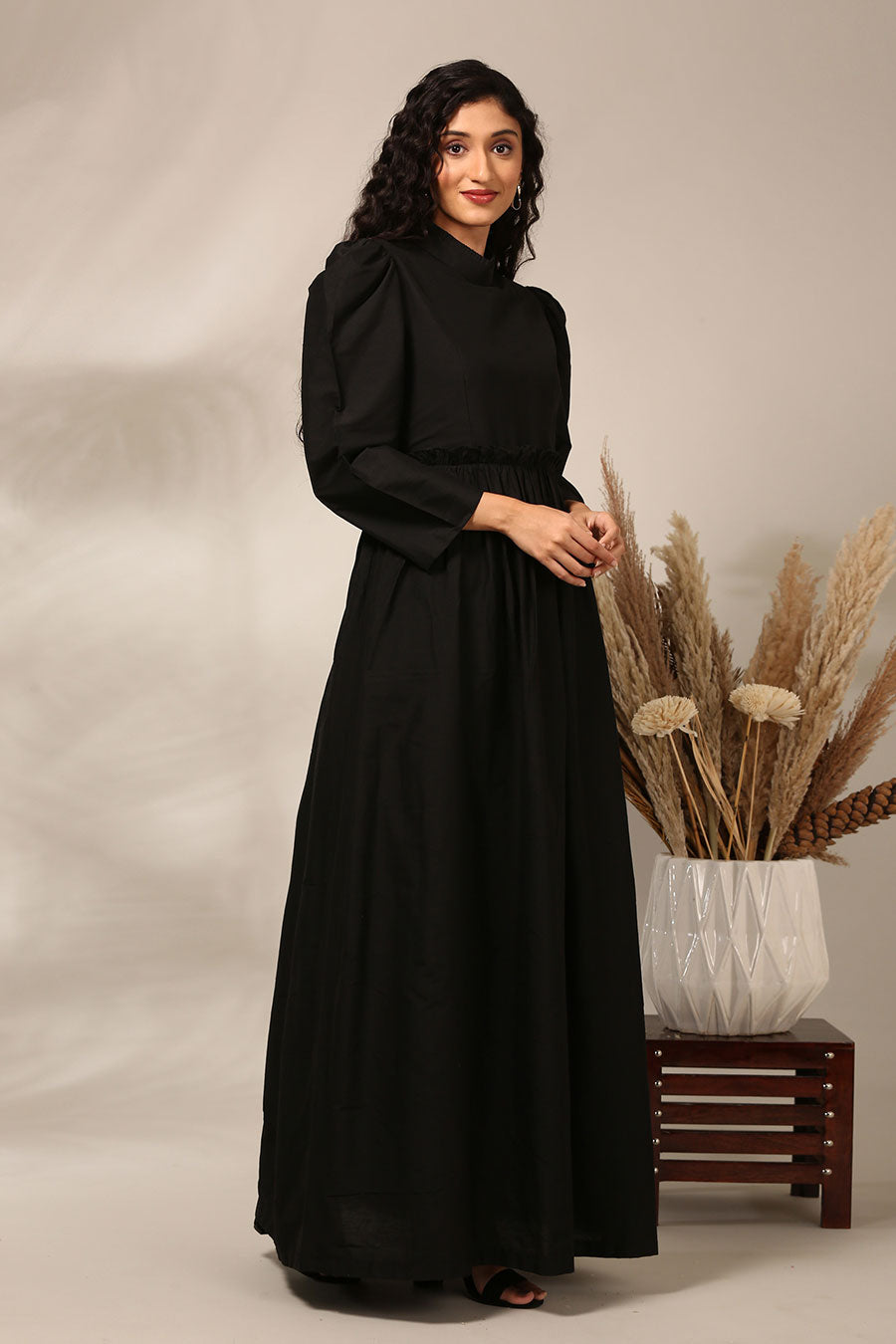 Black Gathered Gown Dress