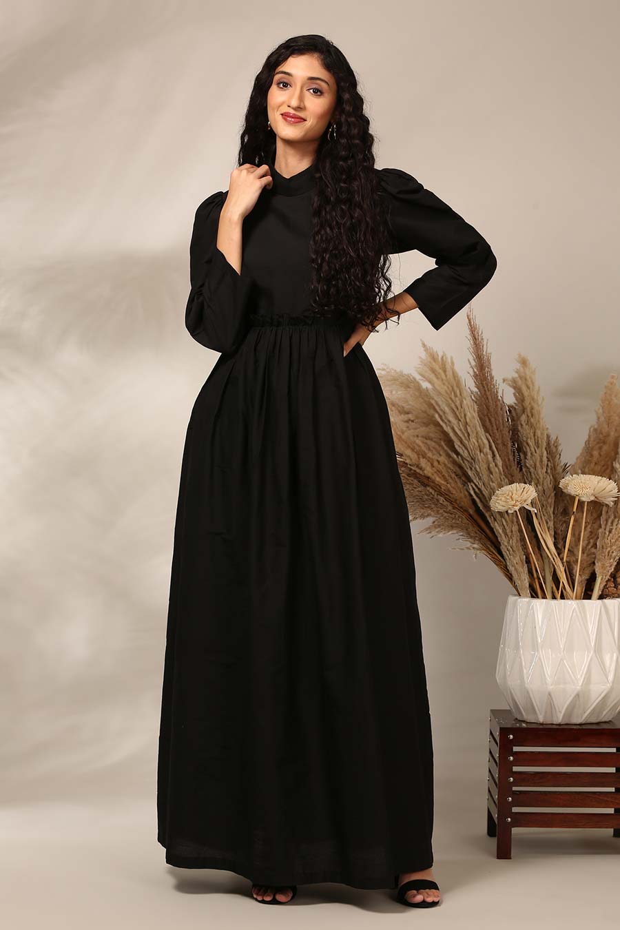 Black Gathered Gown Dress