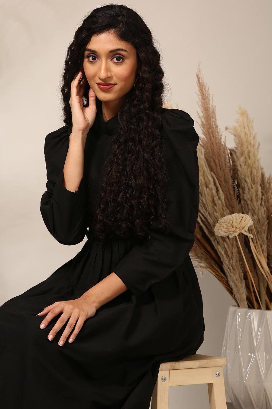 Black Gathered Gown Dress