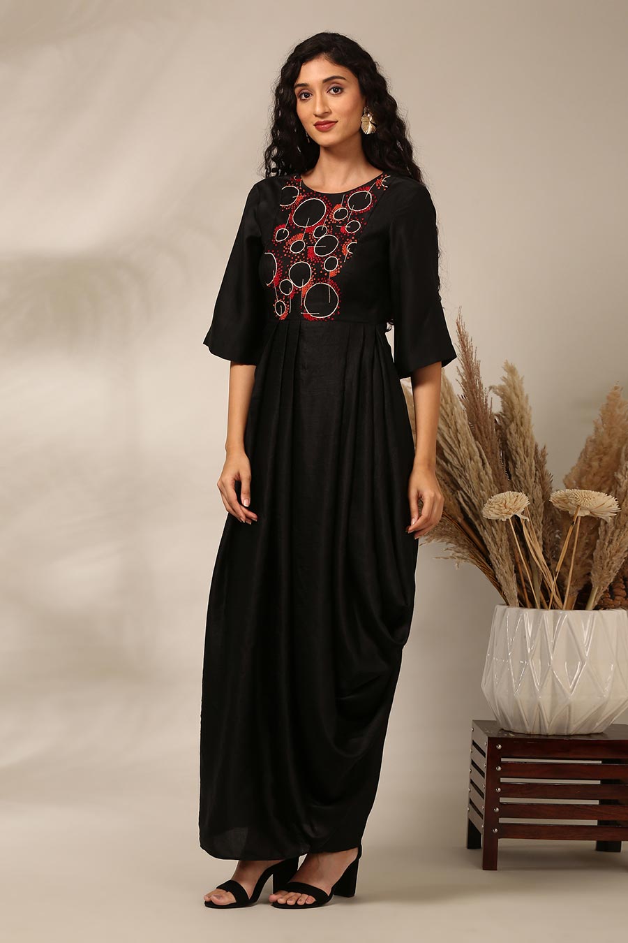 Black Embroidered Pleated Dress