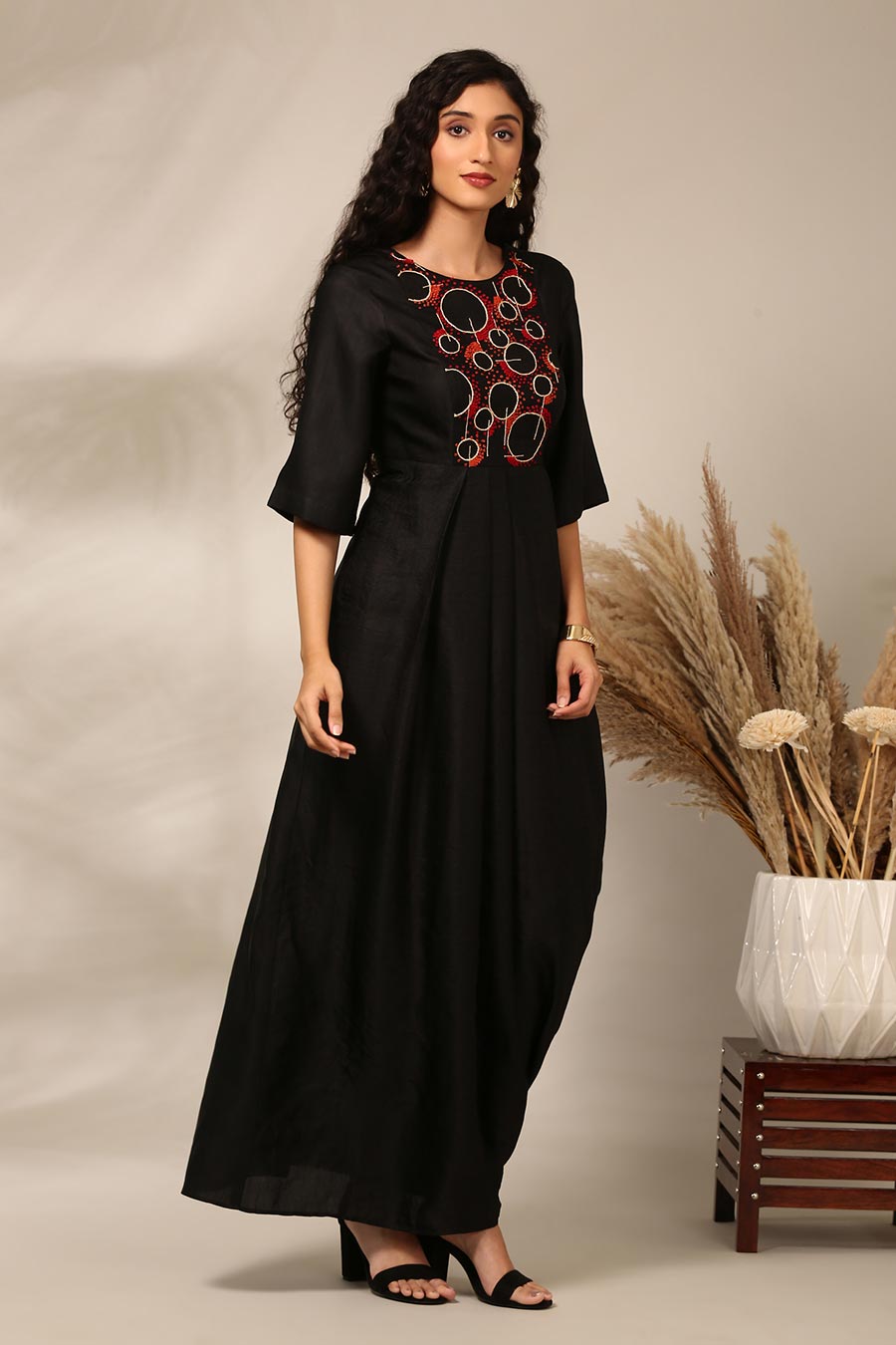 Black Embroidered Pleated Dress