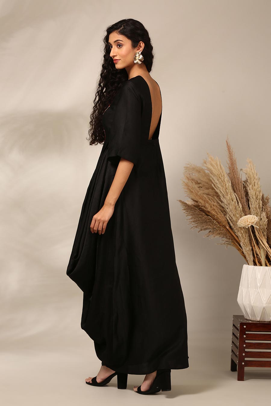 Black Embroidered Pleated Dress
