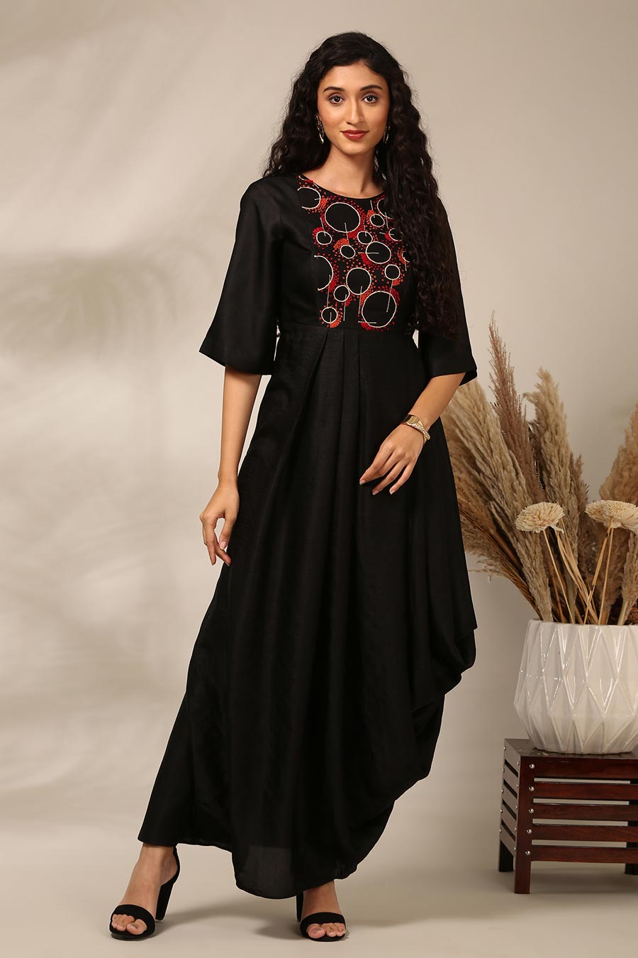 Black Embroidered Pleated Dress