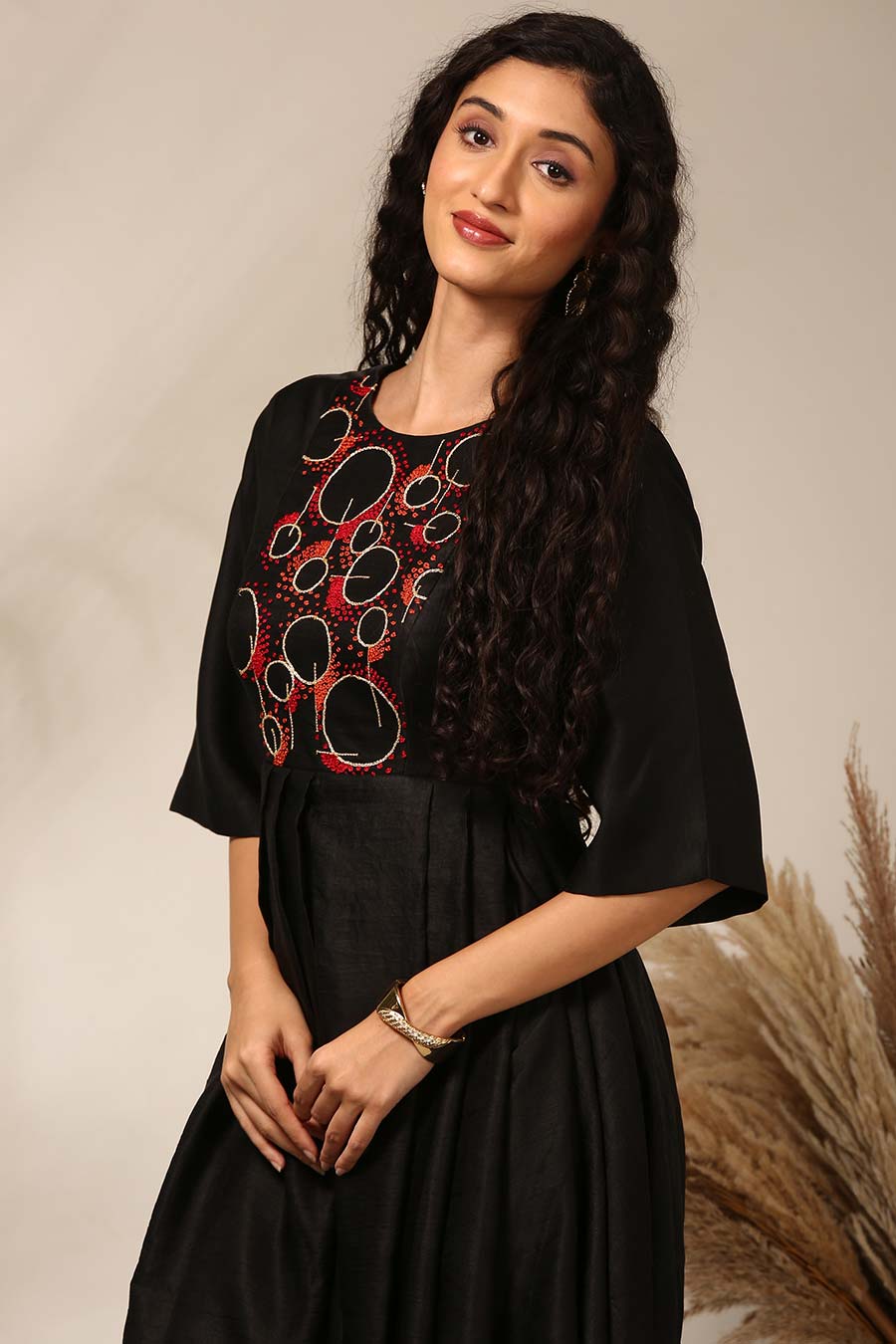 Black Embroidered Pleated Dress