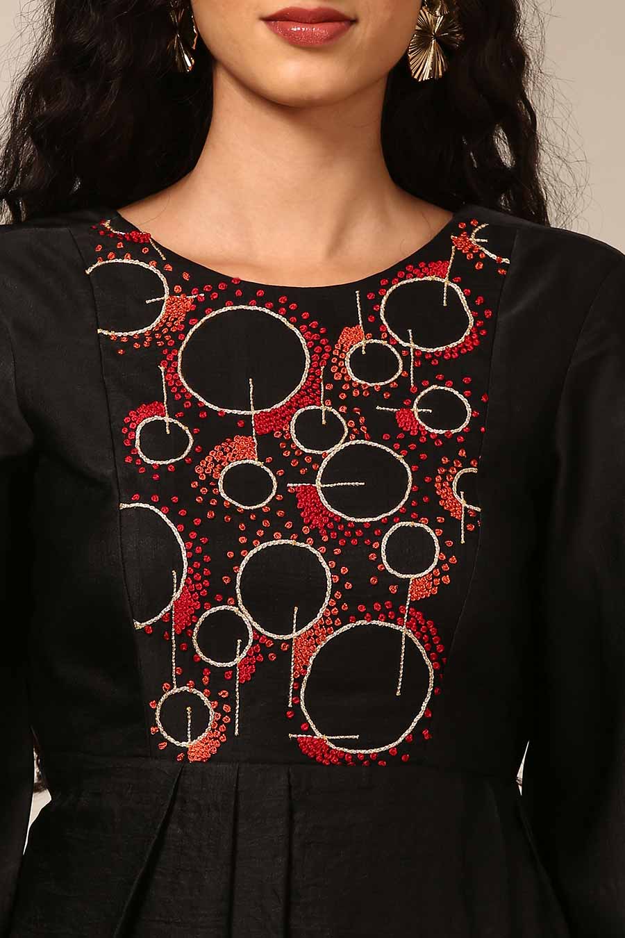 Black Embroidered Pleated Dress