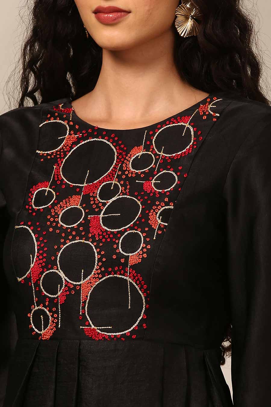Black Embroidered Pleated Dress