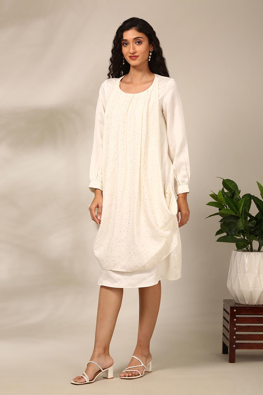 Ivory Sequins Panel Draped Dress