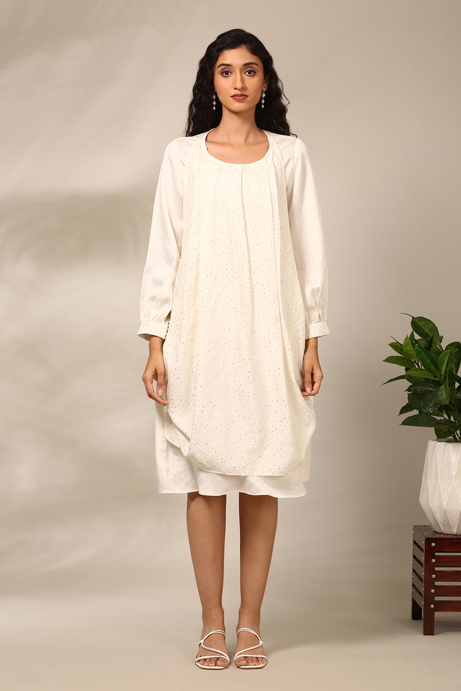 Ivory Sequins Panel Draped Dress