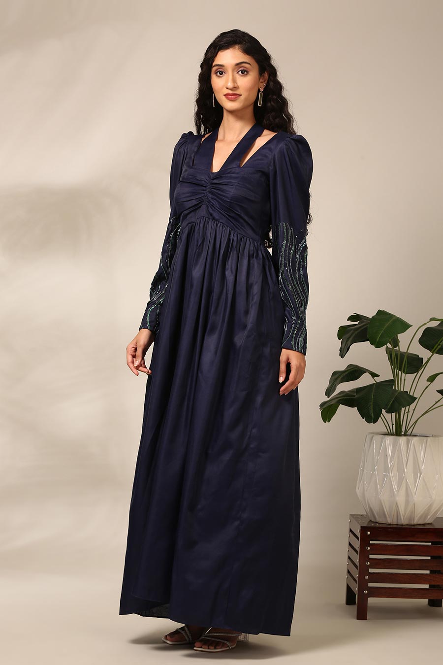 Blue Embroidered Ruched Gown