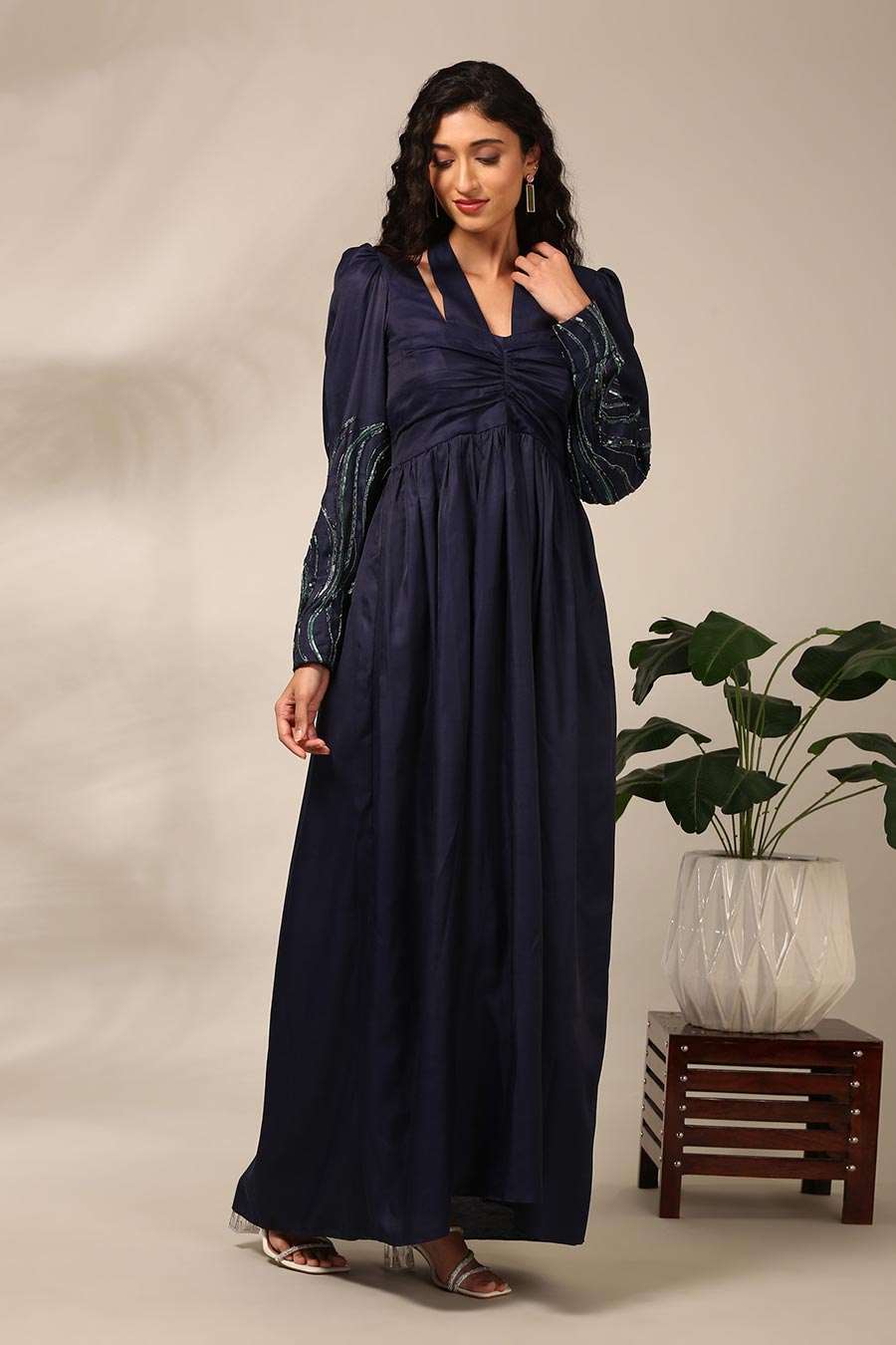 Blue Embroidered Ruched Gown