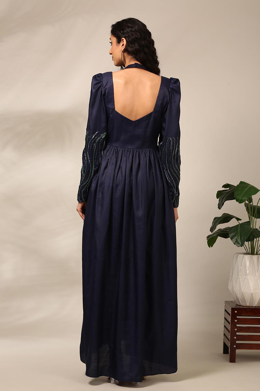 Blue Embroidered Ruched Gown