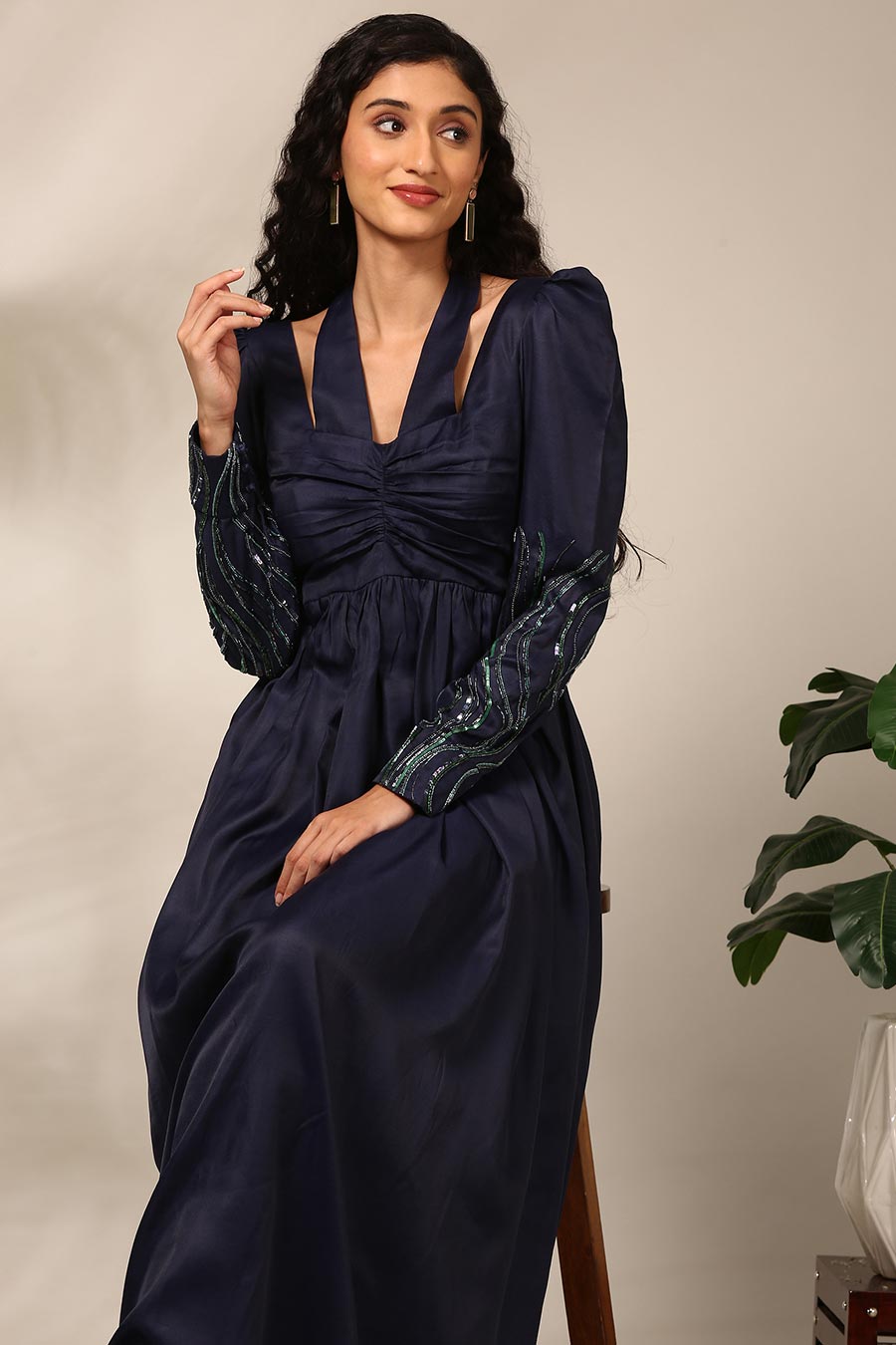 Blue Embroidered Ruched Gown