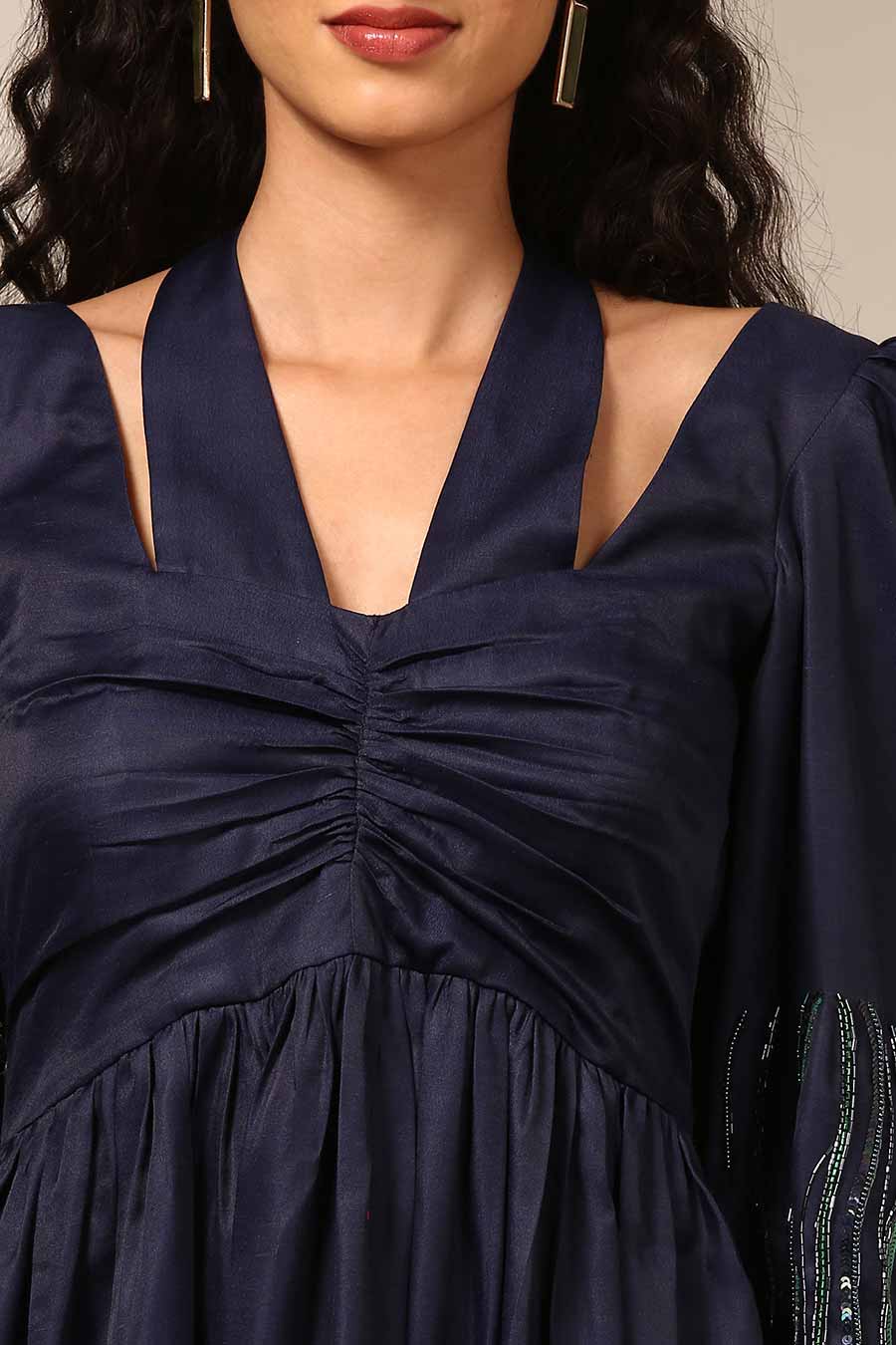 Blue Embroidered Ruched Gown