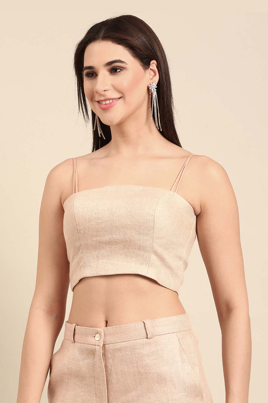Pink Linen Jaquard Strap Blouse