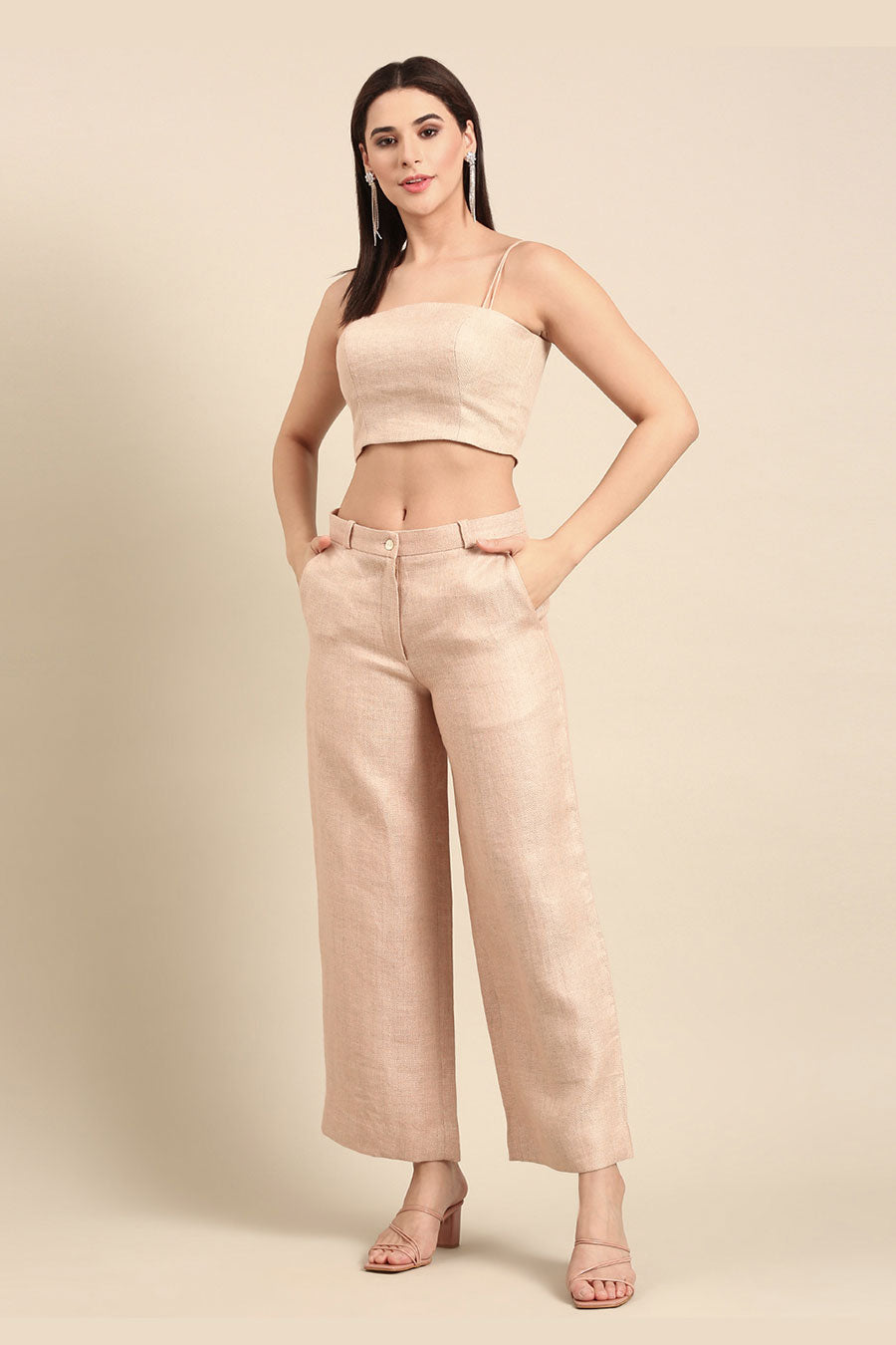 Pink Linen Jaquard Strap Blouse