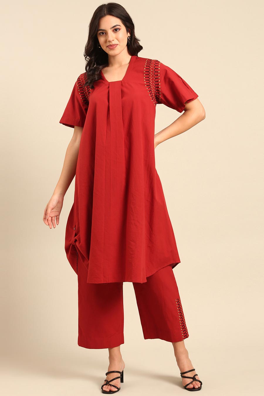 Red Embroidered Tunic & Pant Co-Ord Set