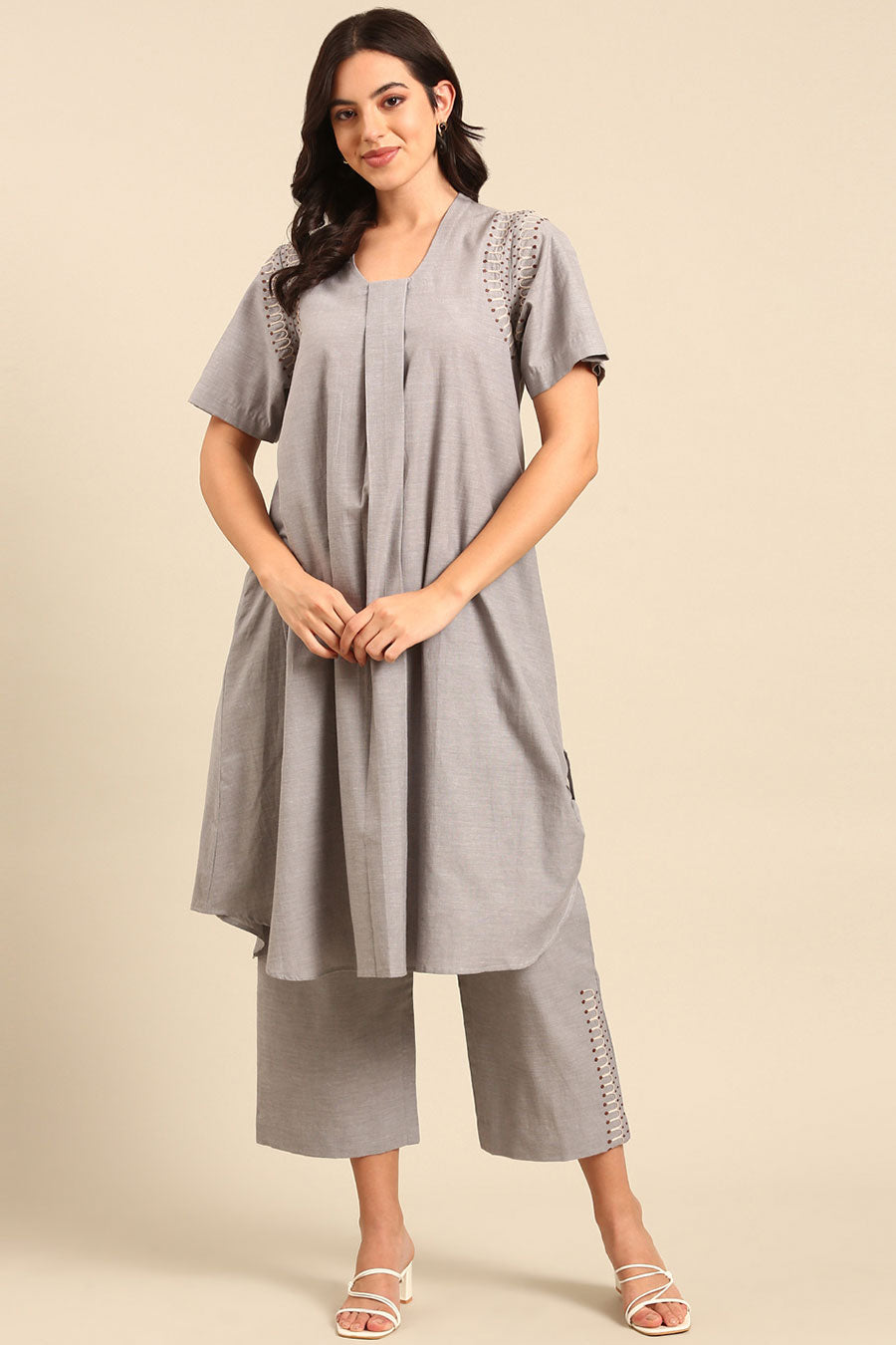 Grey Embroidered Tunic & Pant Co-Ord Set