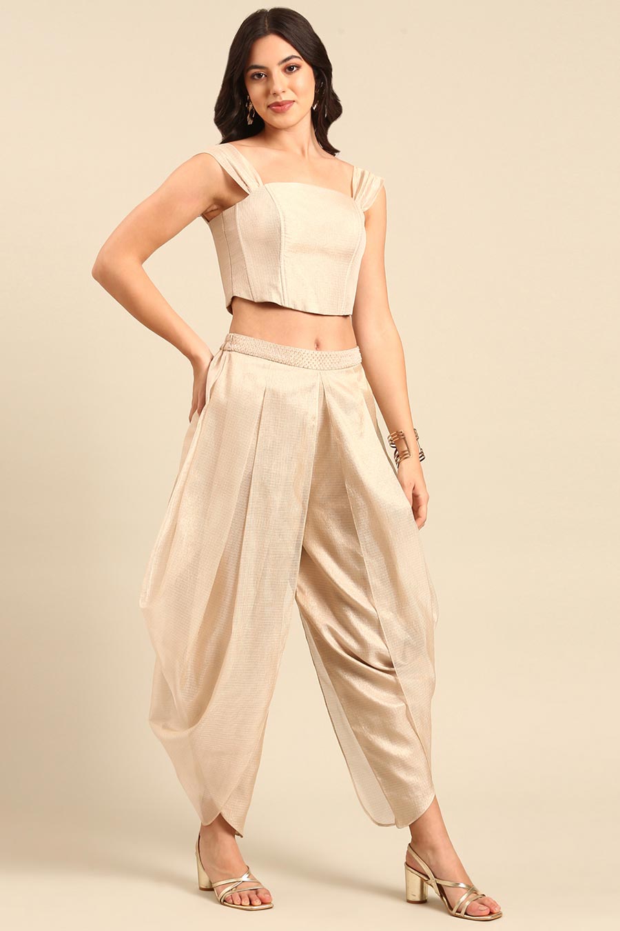 Beige Crop Top & Dhoti Pant Co-Ord Set