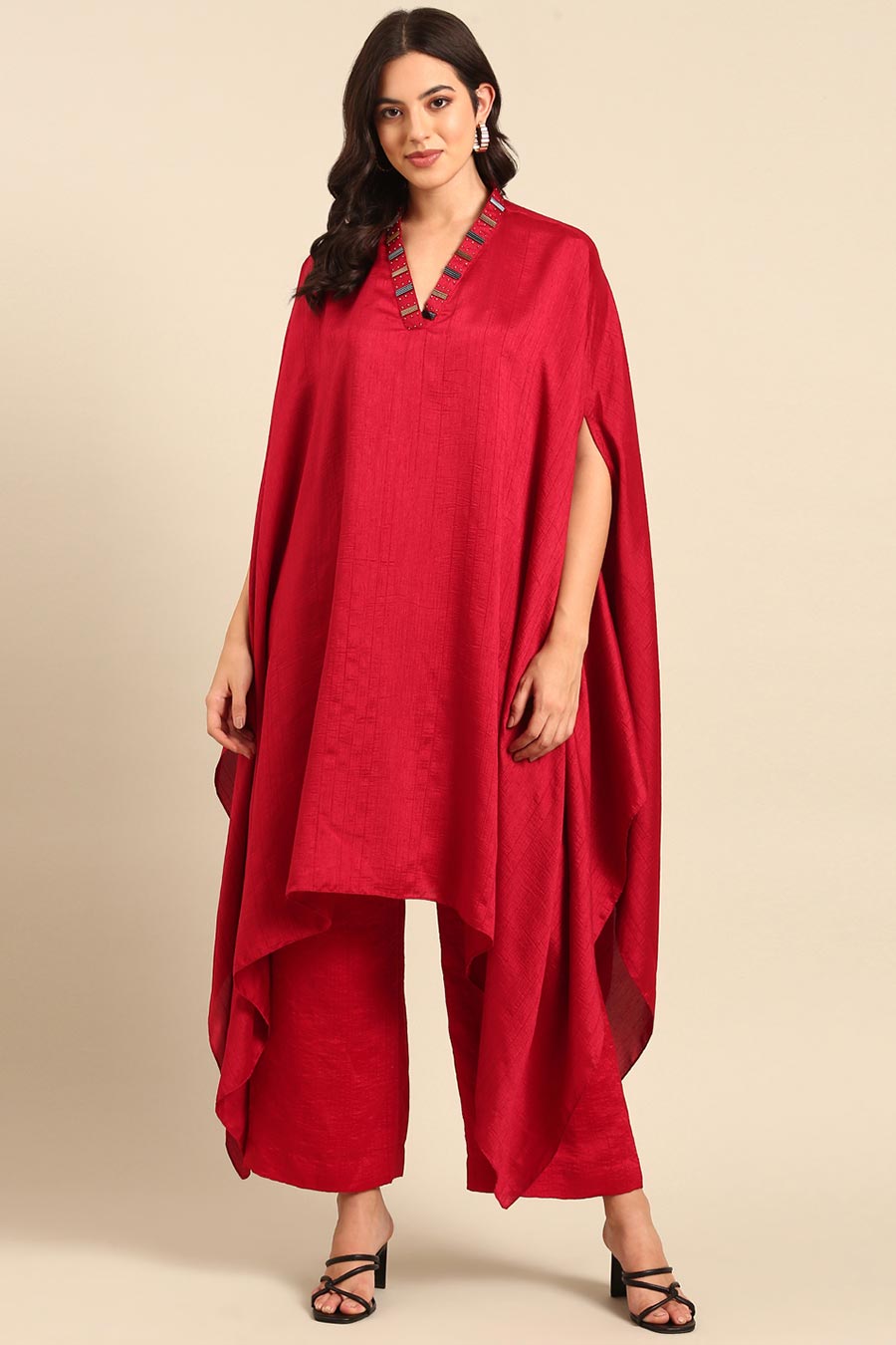 Red Embellished Kaftan & Pant Co-Ord Set
