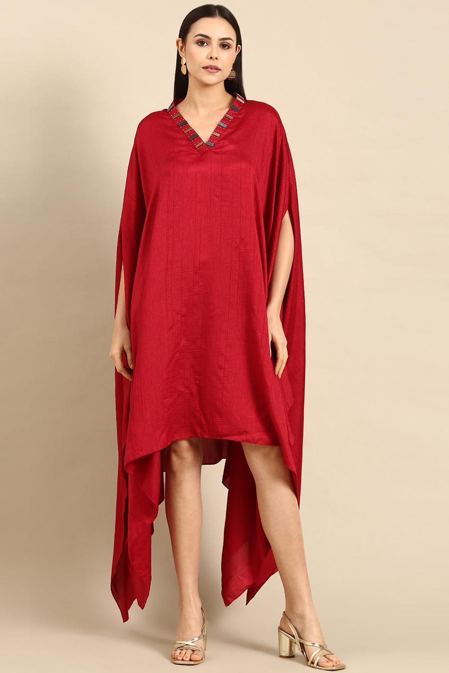 Red Embellished Kaftan & Pant Co-Ord Set