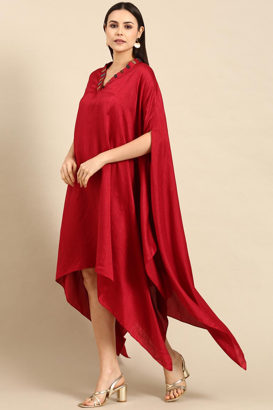 Red Embellished Kaftan & Pant Co-Ord Set