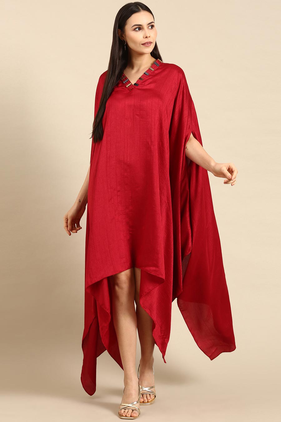 Red Embellished Kaftan & Pant Co-Ord Set