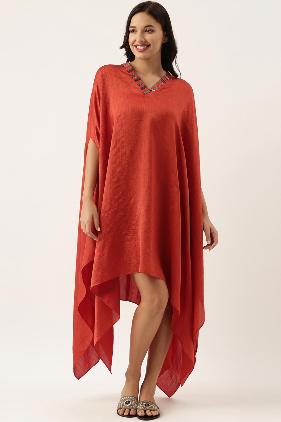 Rust Orange Embellished Kaftan & Pant Co-Ord Set