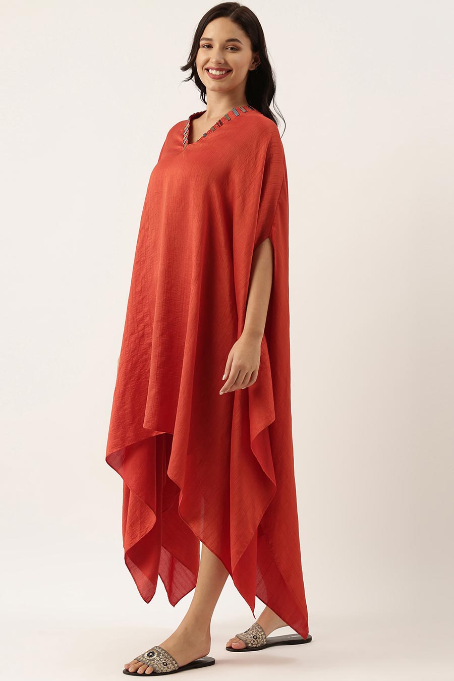 Rust Orange Embellished Kaftan & Pant Co-Ord Set