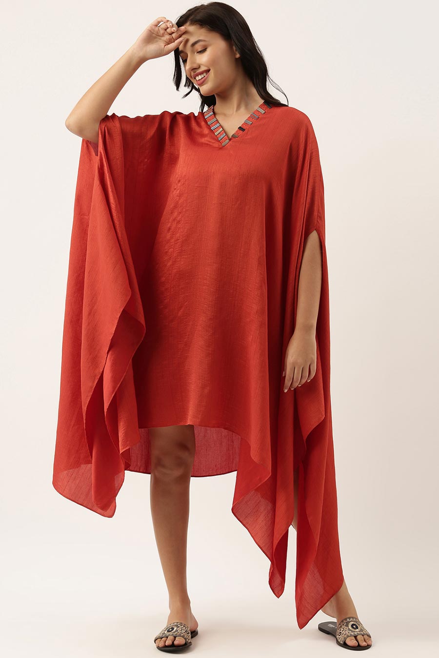 Rust Orange Embellished Kaftan & Pant Co-Ord Set