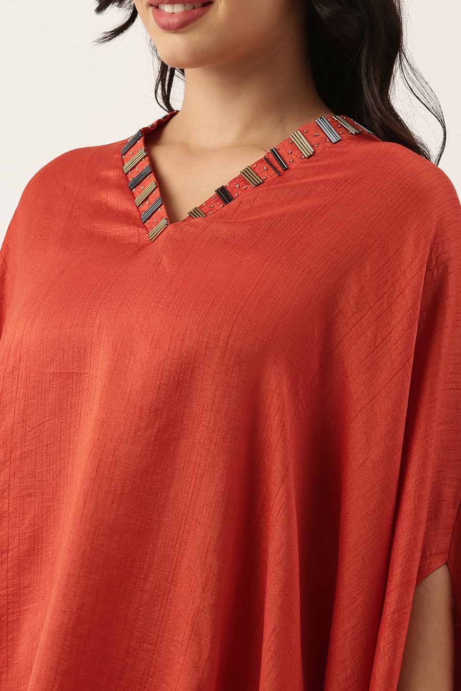 Rust Orange Embellished Kaftan & Pant Co-Ord Set