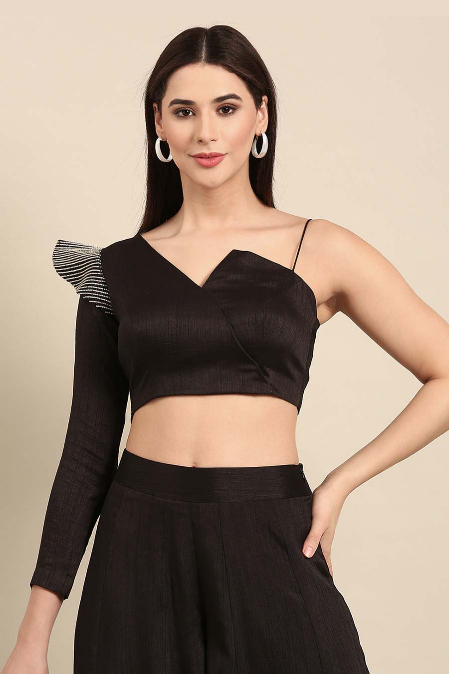 Black Embroidered Asymmetric Top & Pant Co-Ord Set