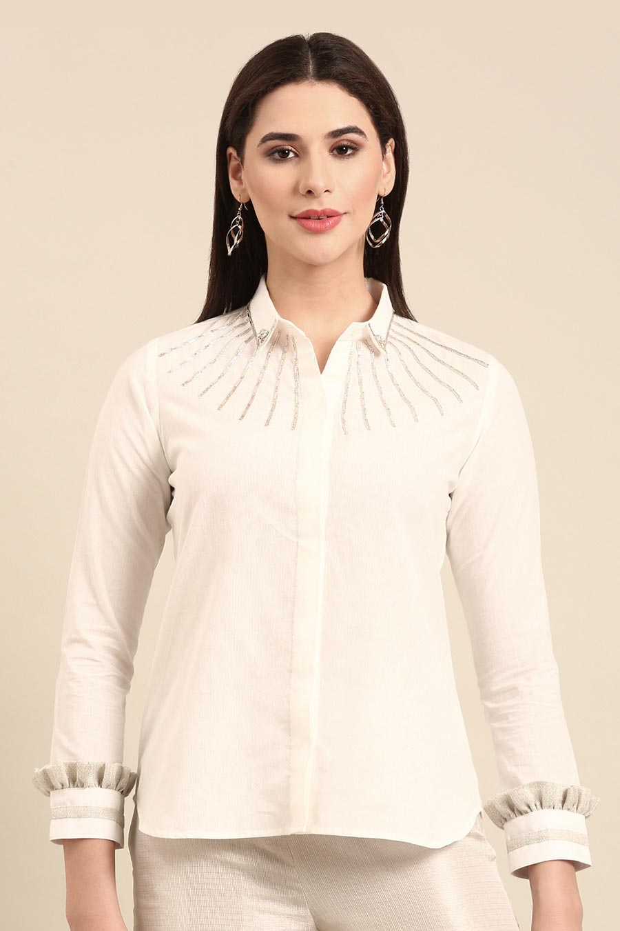 Silver & White Embroidered Shirt With Pant Co-Ord Set