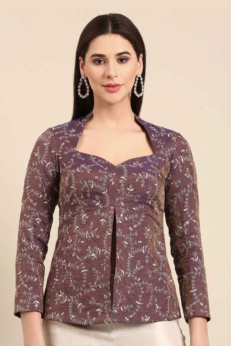 Purple & Silver Embroidered Top & Pant Co-Ord Set