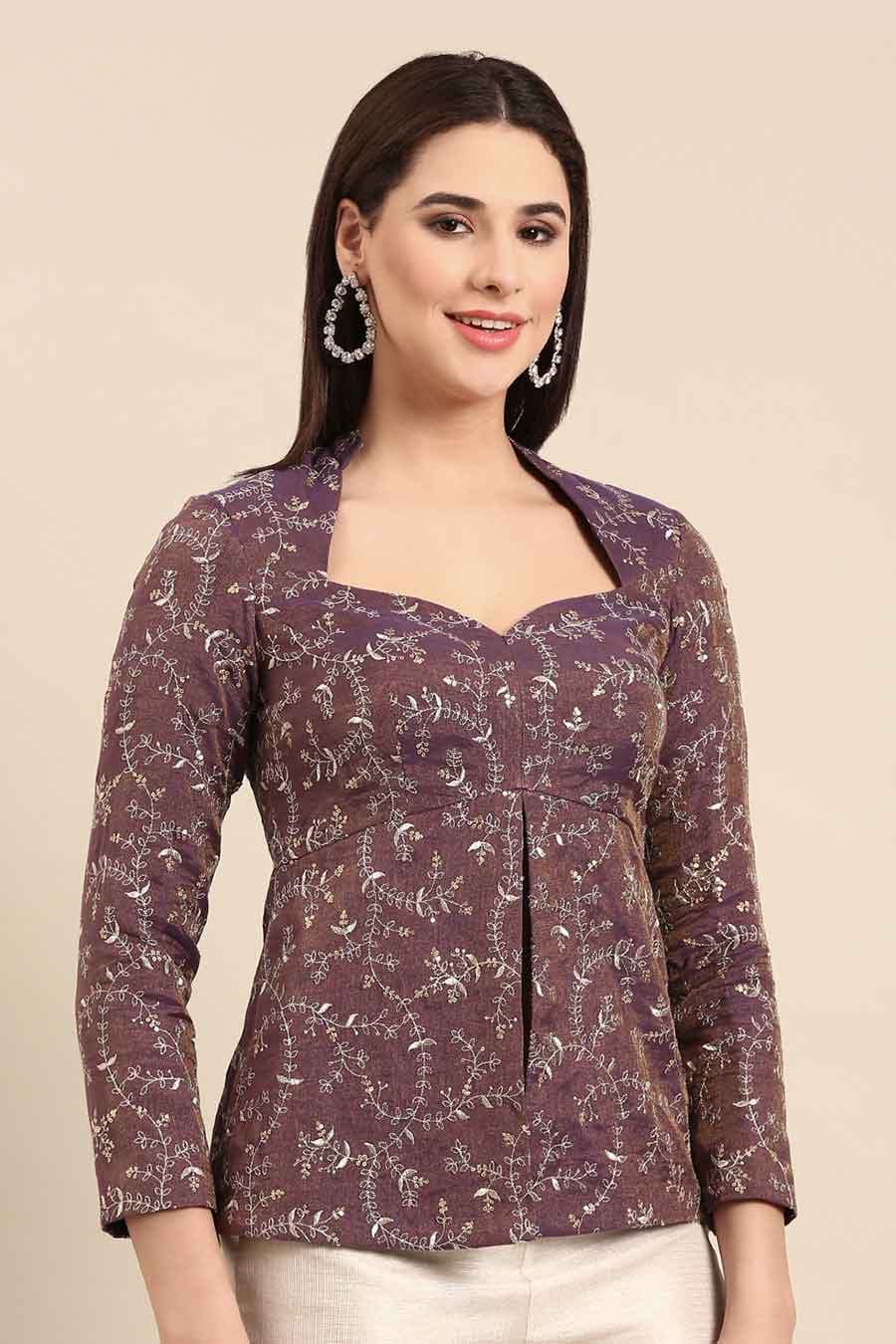 Purple & Silver Embroidered Top & Pant Co-Ord Set