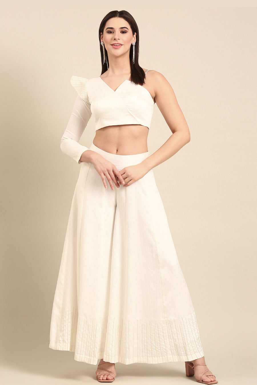 Ivory Embroidered Asymmetric Top & Palazzo Pant Co-Ord Set