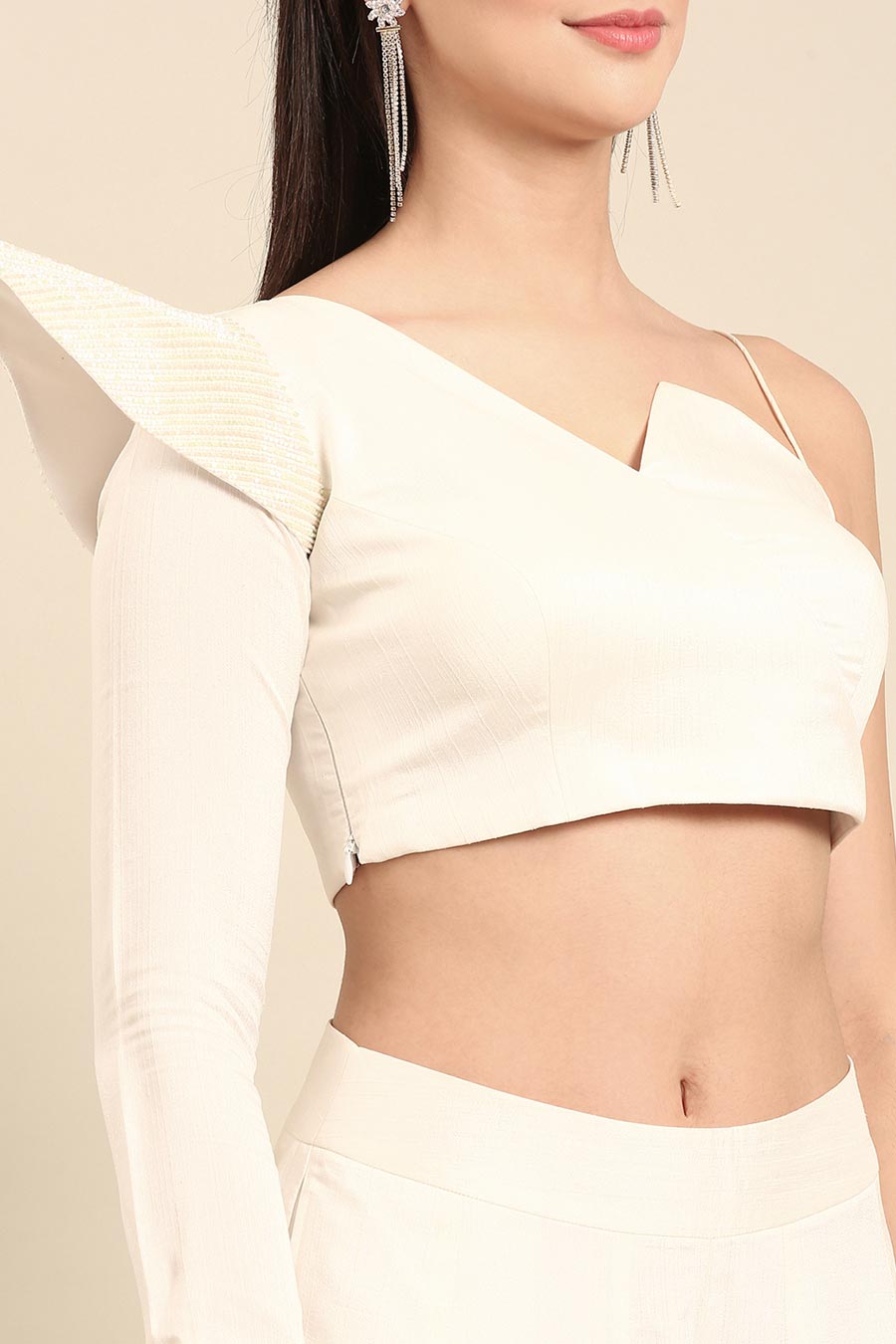 Ivory Embroidered Asymmetric Top & Palazzo Pant Co-Ord Set