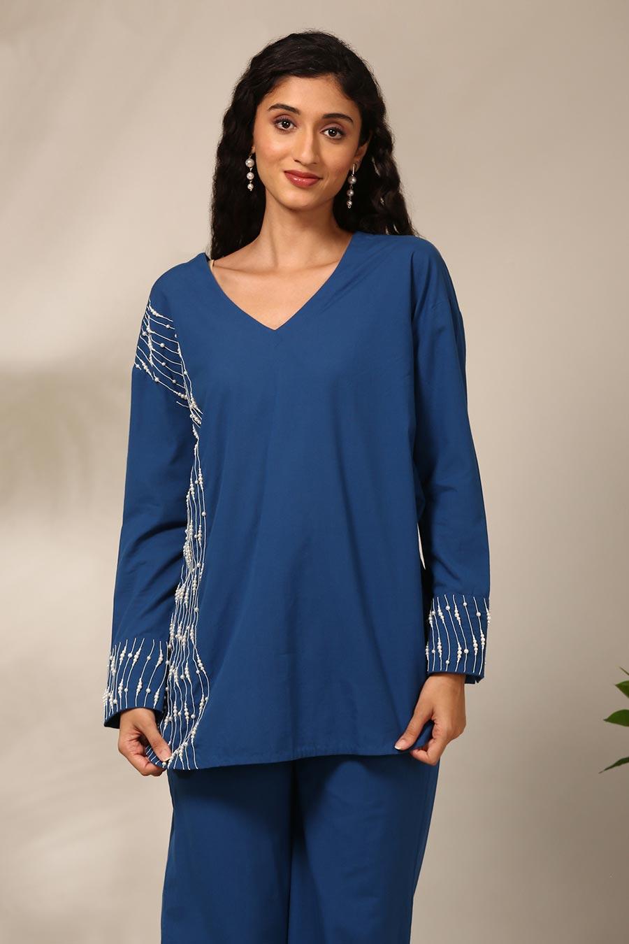 Blue Embroidered Top & Pant Co-Ord Set
