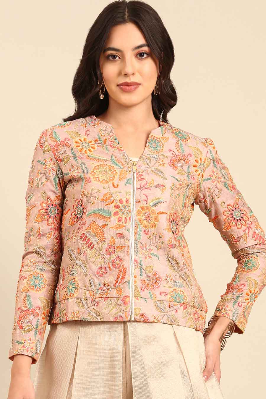 Peach Embroidered Jaquard Jacket