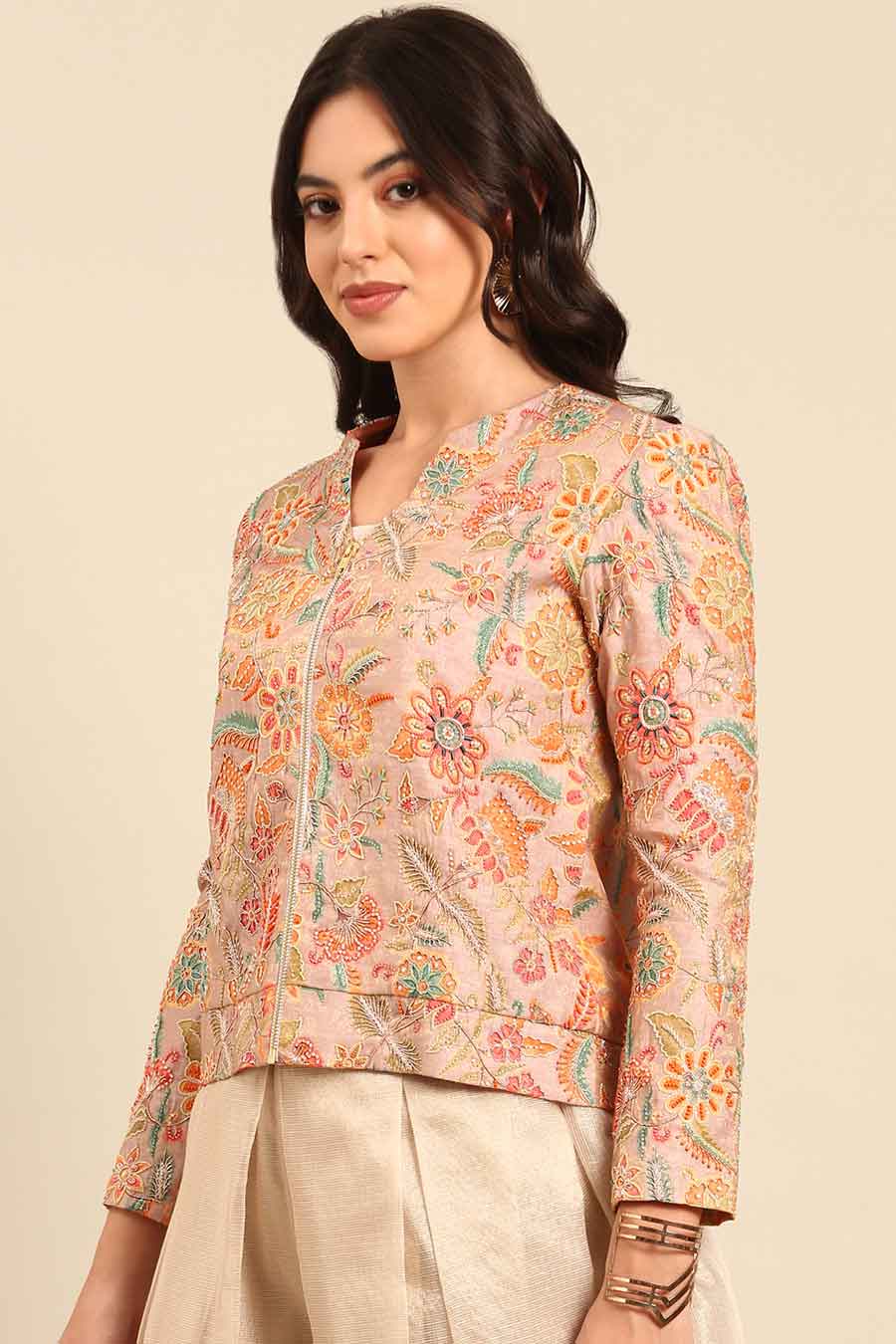 Peach Embroidered Jaquard Jacket