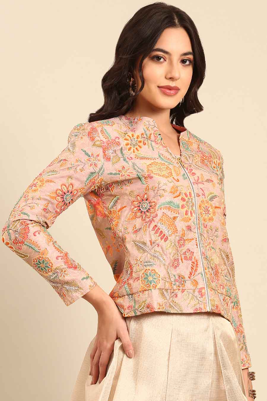 Peach Embroidered Jaquard Jacket