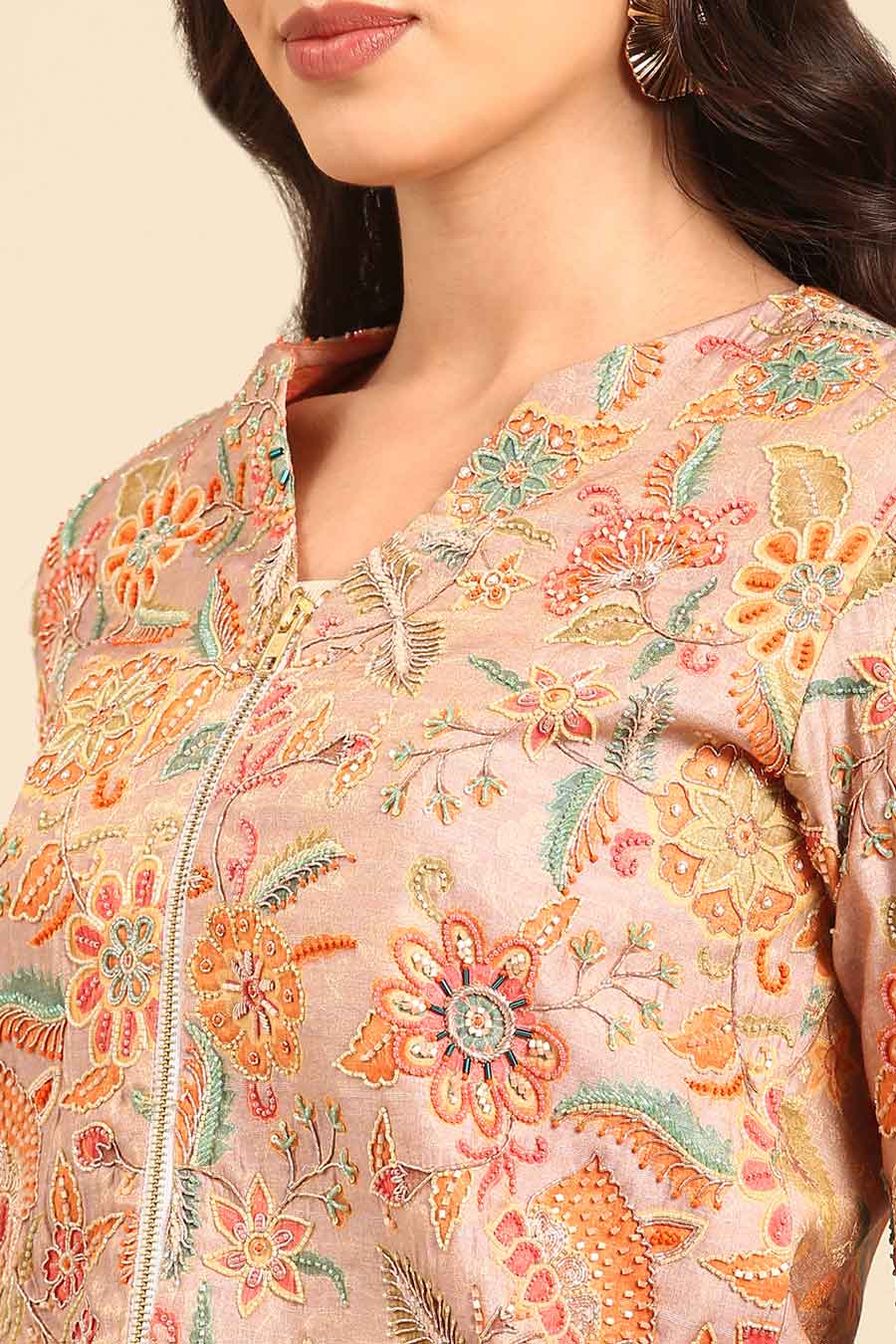 Peach Embroidered Jaquard Jacket