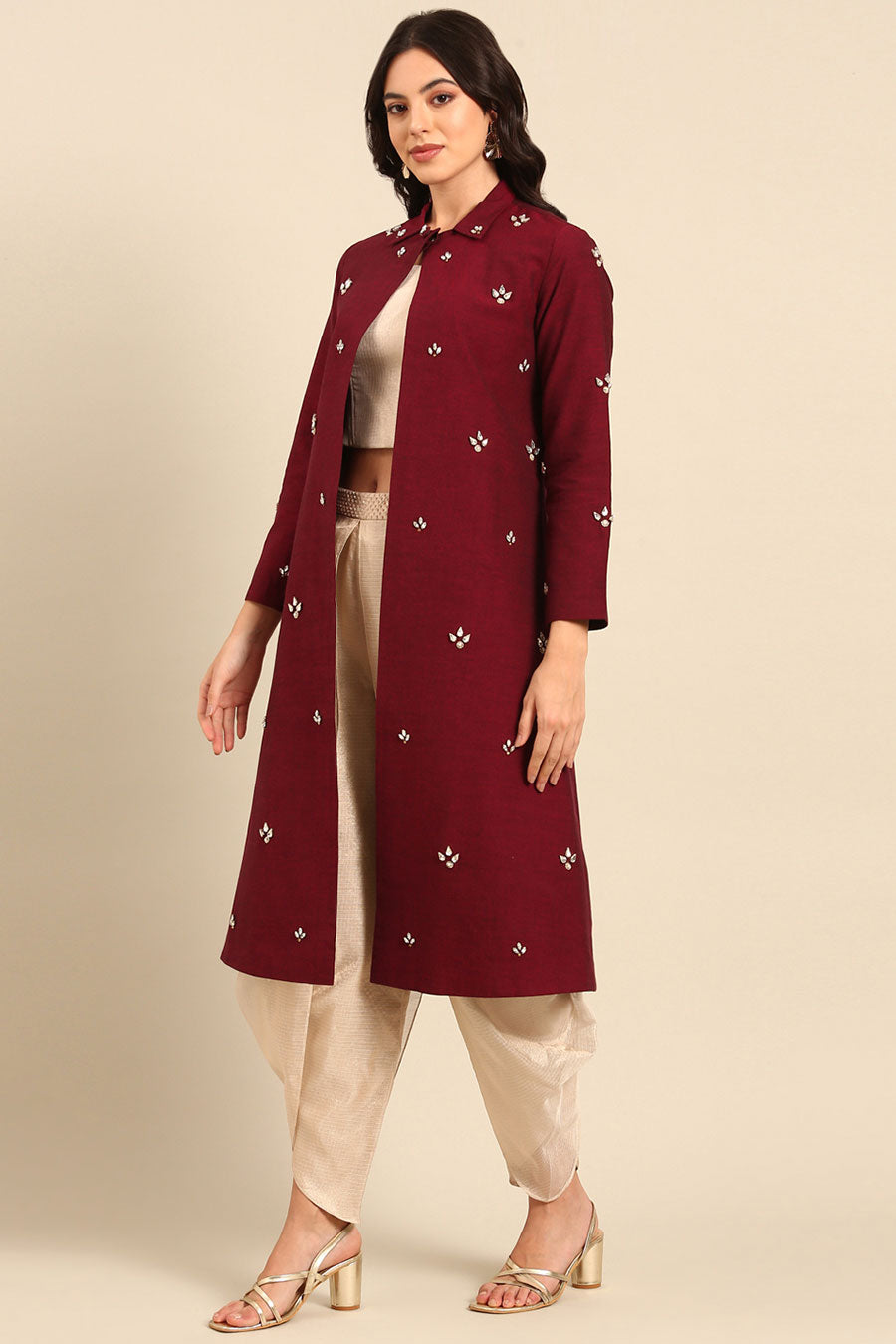 Maroon Embellished Long Jacket