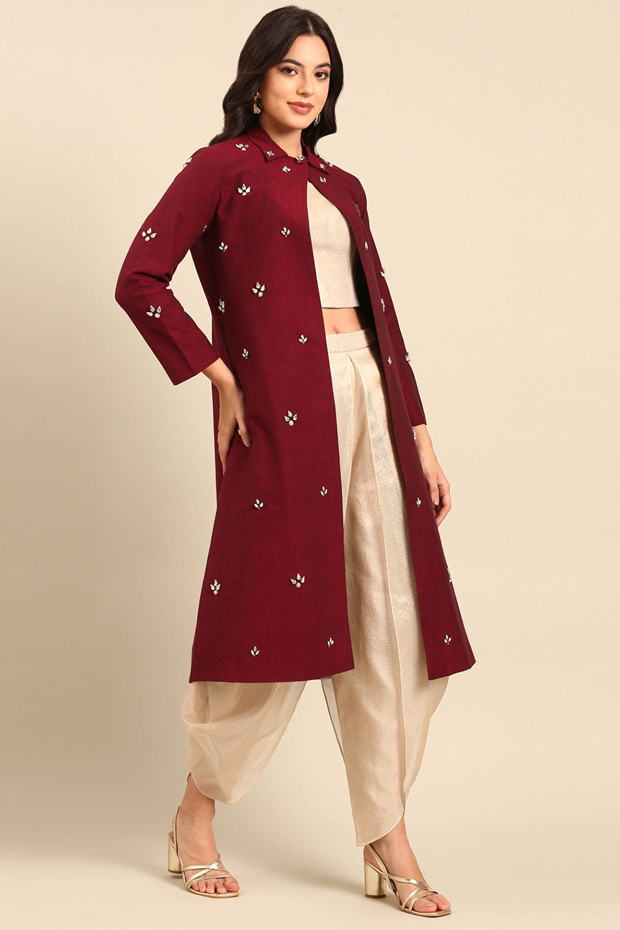 Maroon Embellished Long Jacket