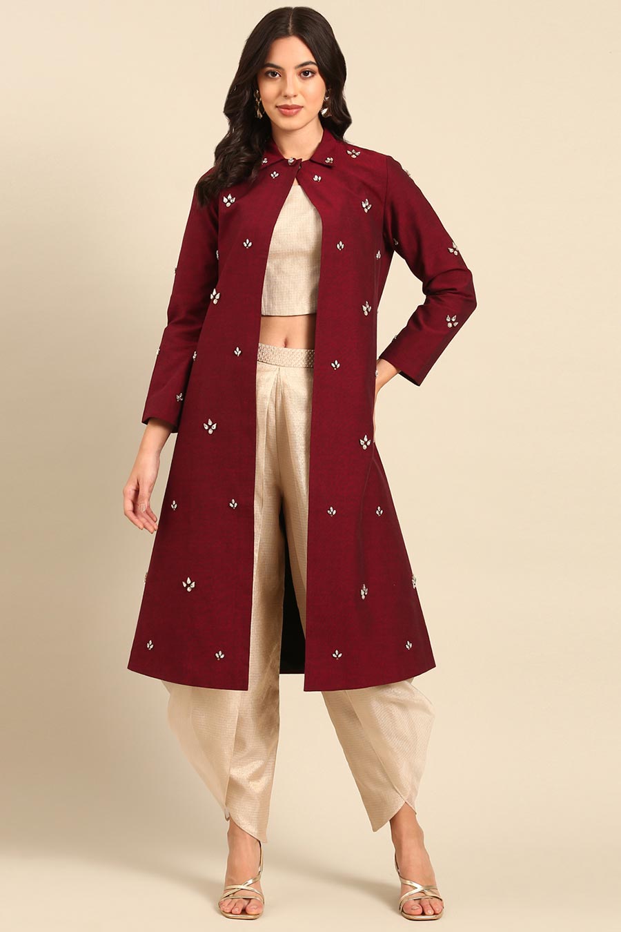 Maroon Embellished Long Jacket