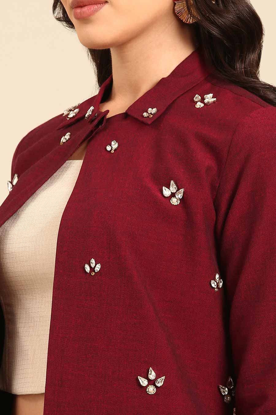 Maroon Embellished Long Jacket