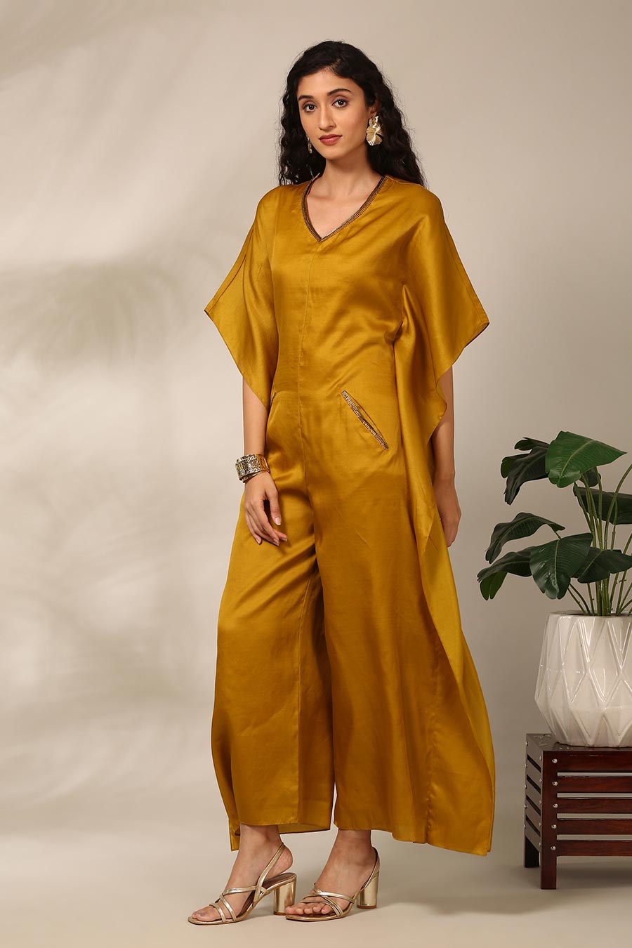 Mustard Yellow Embellished Kaftan Jumpsuit